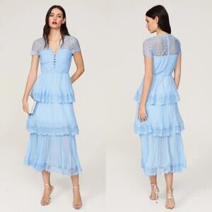 Self Portrait Chiffon Tiered Dress Short Sleeve Lace Trim Midi A-Line Blue 4